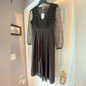 Womens Size Small Maxi Black Dress V-neck with Sheer Long Sleeves